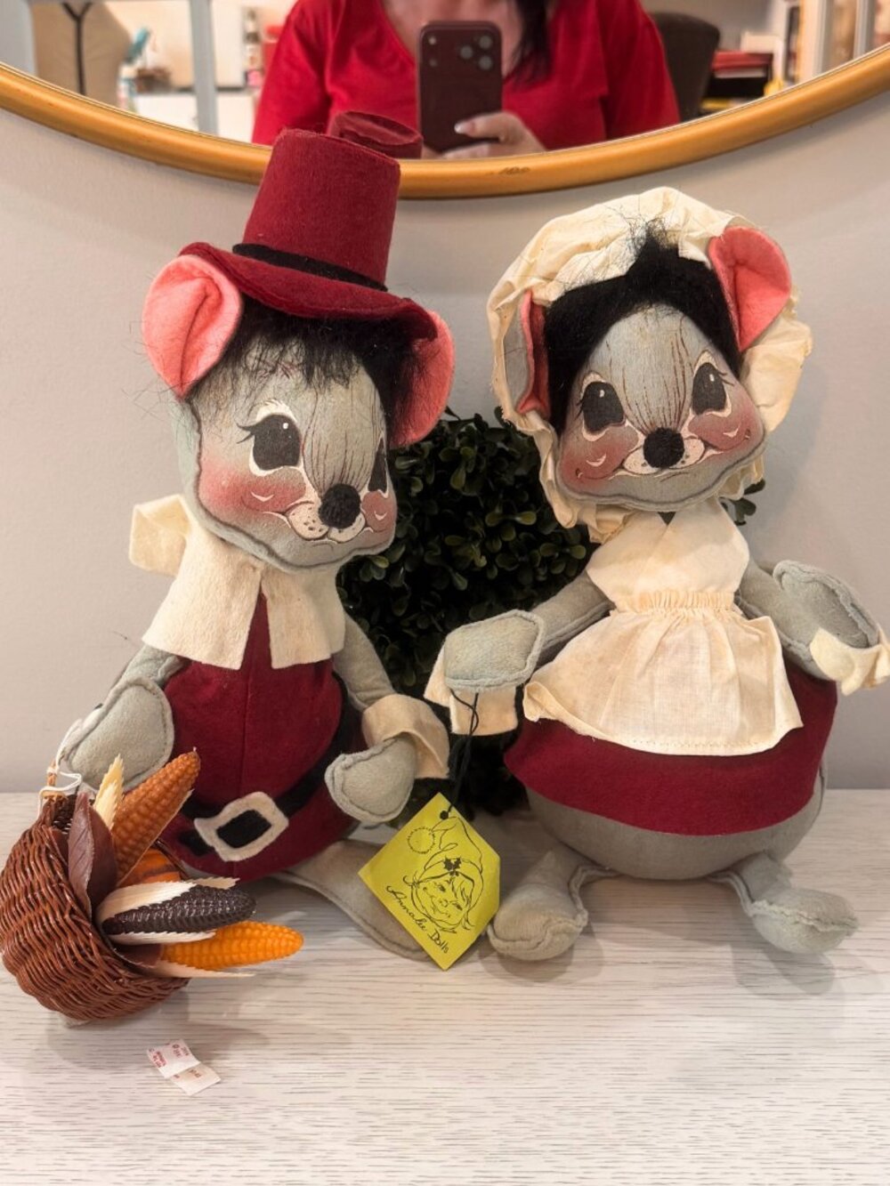 Vintage Pair of 1980s Annalee Dolls Thanksgiving Pilgrim Mouse Couple 12" READ